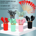 OEM/ODM Hot Seller Silicone Kitchenware 12 in 1  Utensils Sets Wooden Handle Silicone Kitchenware Set