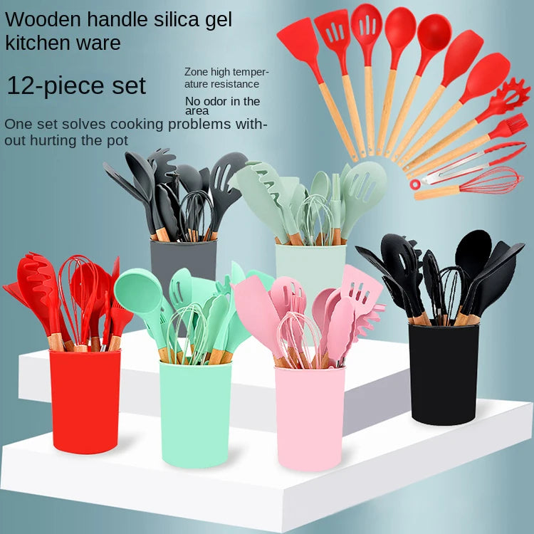 OEM/ODM Hot Seller Silicone Kitchenware 12 in 1  Utensils Sets Wooden Handle Silicone Kitchenware Set