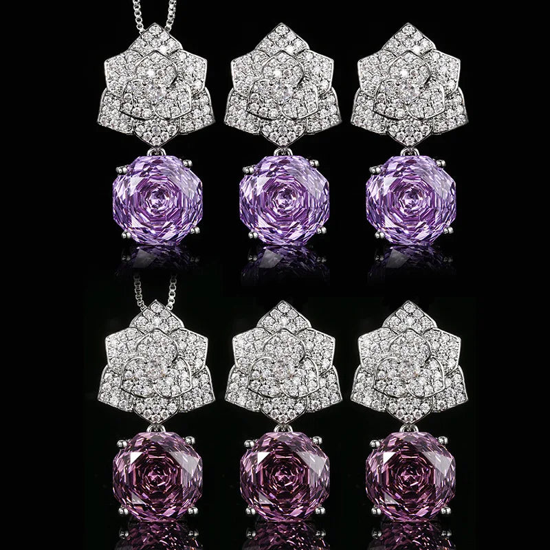 High Quality Luxury Cut Roland Petal Pendant Necklace Sparkling Zircon Earrings Necklace Bridal Engagement Jewelry