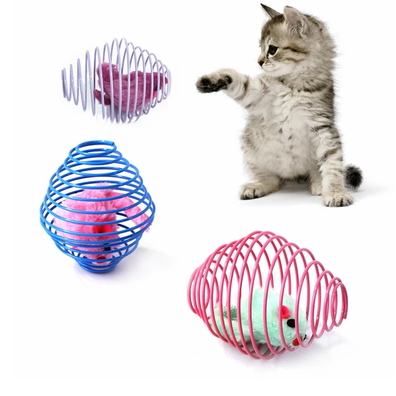 Solid Color Steel Wire Spring Fur Mouse Cute Modeling Kitten Pet Toy Popping Rat in Spring Cage Cat Toy