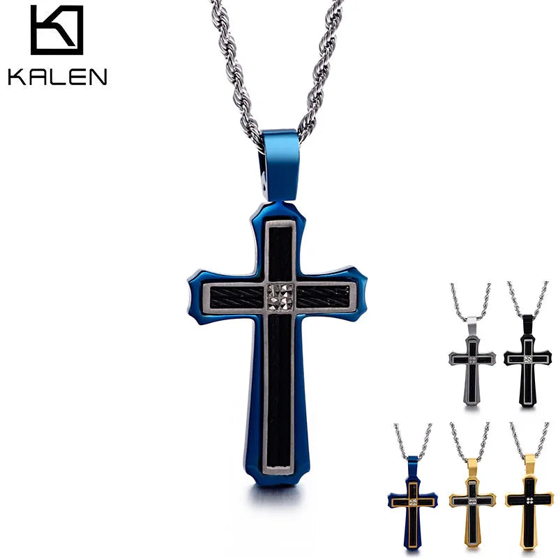 KALEN Vintage Religious Jesus Cross Pendant Stainless Steel Necklaces for Men