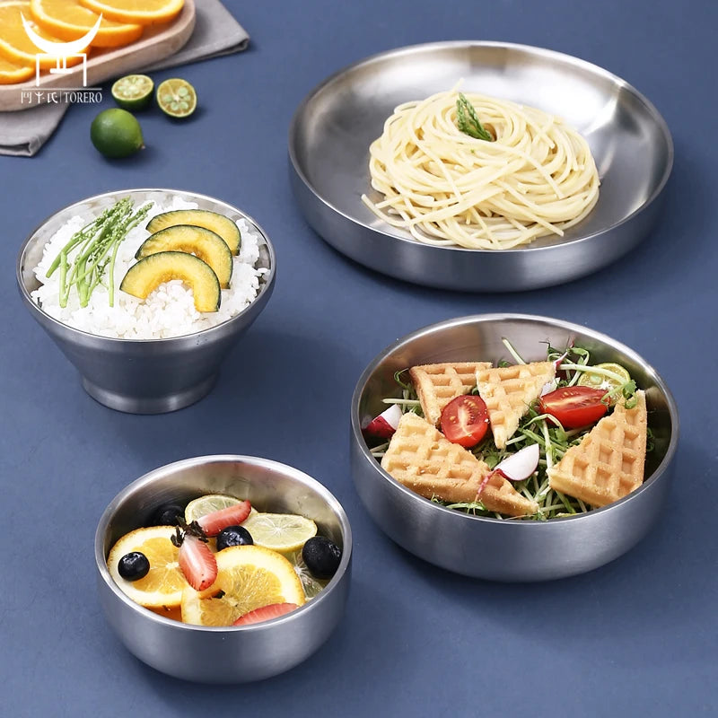 Korean Kitchen Soup Fruit Bowl Double Wall Heat Insulated Serving Plate and Bowl Food Grade 304 Stainless Steel Rice Bowl