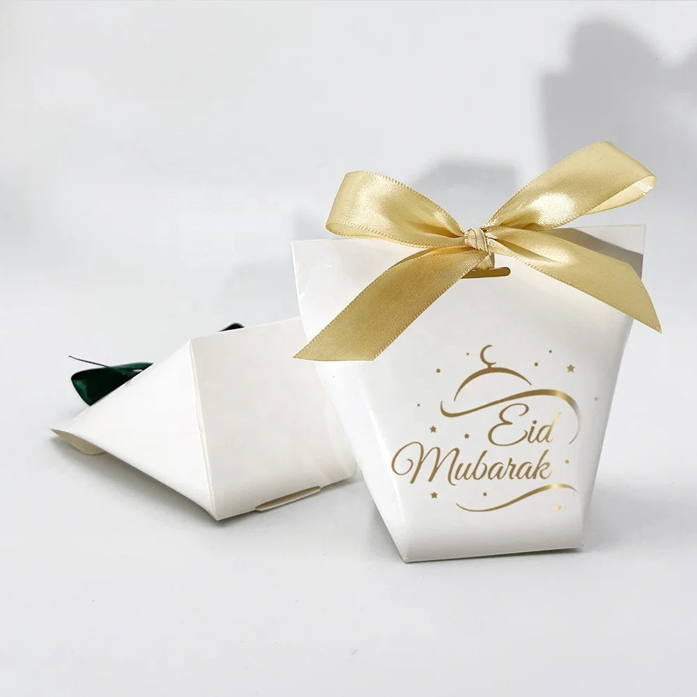 EID Mubarak White Ribbon Candy Boxes Chocolate Bags Party Decoration Gift Packing Box Bag for Ramadan Party Decor