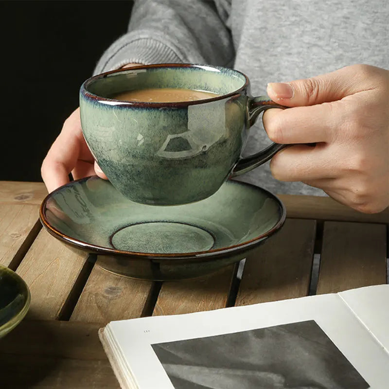 Exquisite 12oz Vintage Spotted Ceramic Coffee Mug and Plate Set