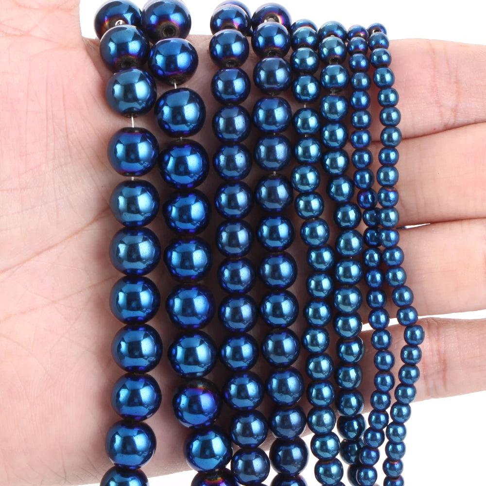 AsVrai U Natural Royal Blue Hematite Stone Round Beads 3-10mm Loose Beads Jewelry Making DIY Bracelets Accessories Wholesale