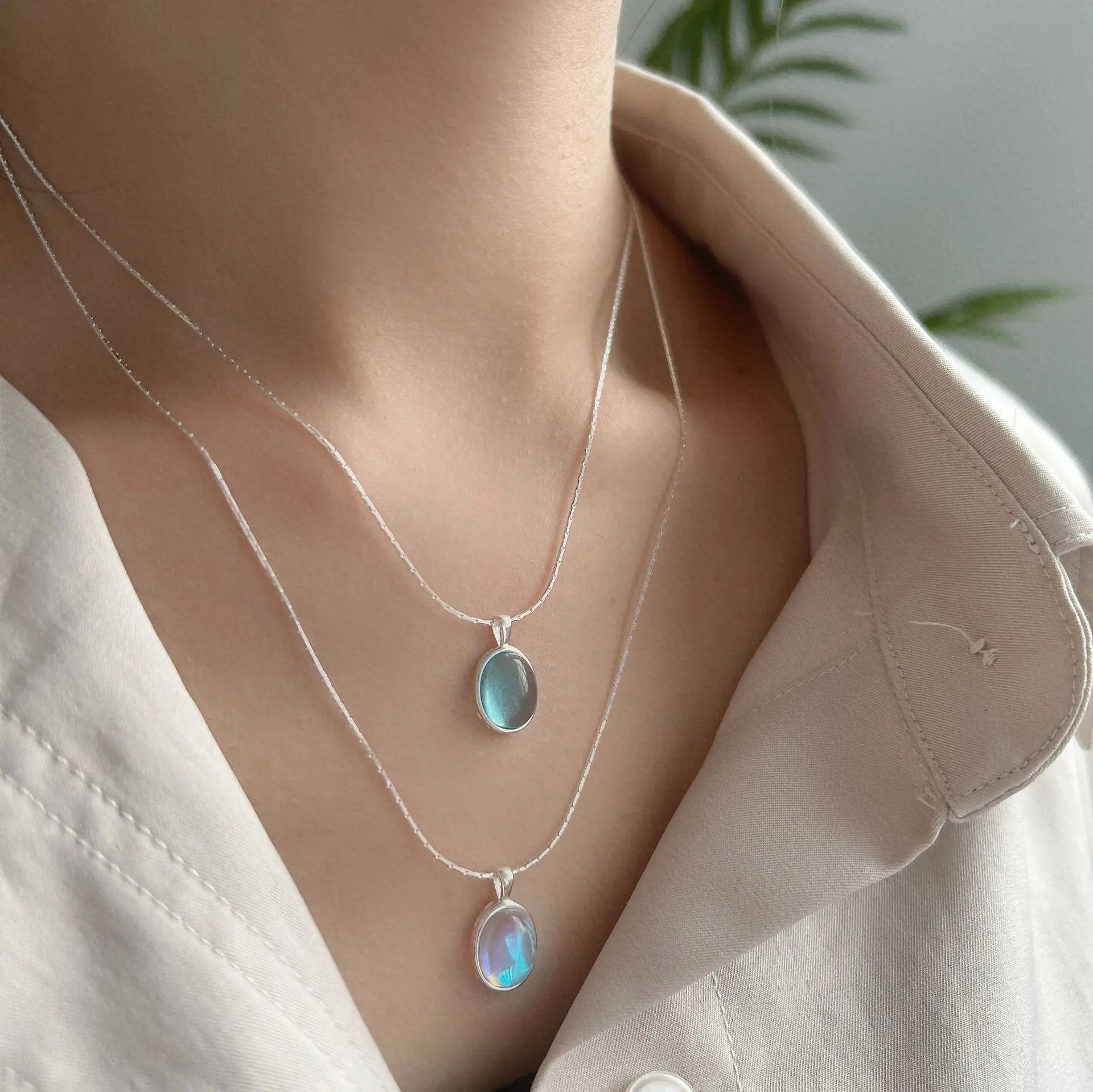 S925 Sterling Silver Necklace Moonstone Necklace Women Oval Gemstone Snake Bone Chain Necklace