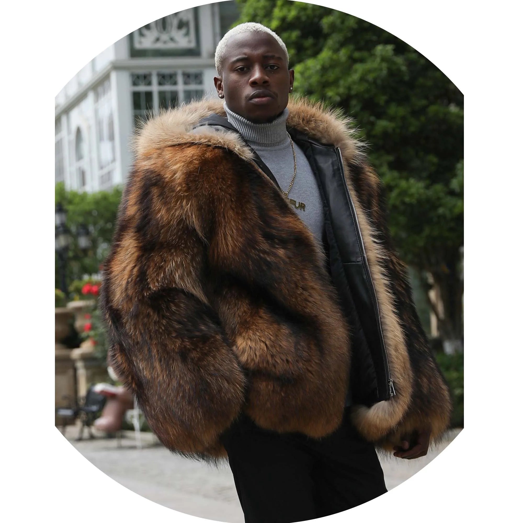 Men Hooded USA Big Size Customized OEM Service Genuine Real Raccoon Fur Winter Coat