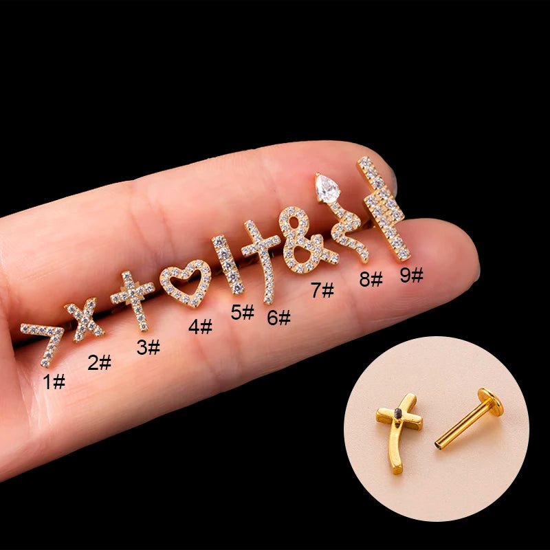 G23 Titanium Earrings ASTM F136  Titanium Jewelry Piercing Gold Heart Snake Cross Flat Back Cartilage Earring Labret Lip Ring