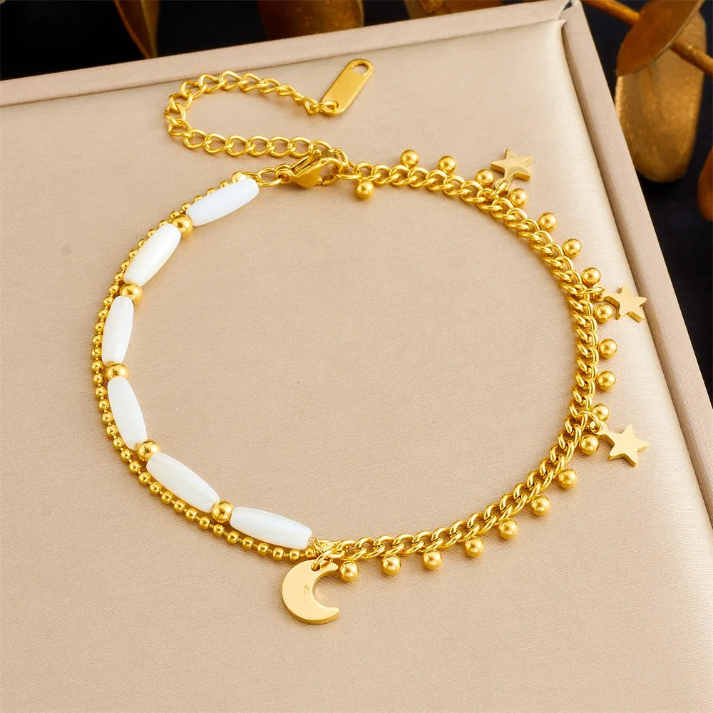 Non Tarnish Stainless Steel Double Layer Chain Beach Anklet 18k Gold Plated Star Moon Charm Anklet for Women