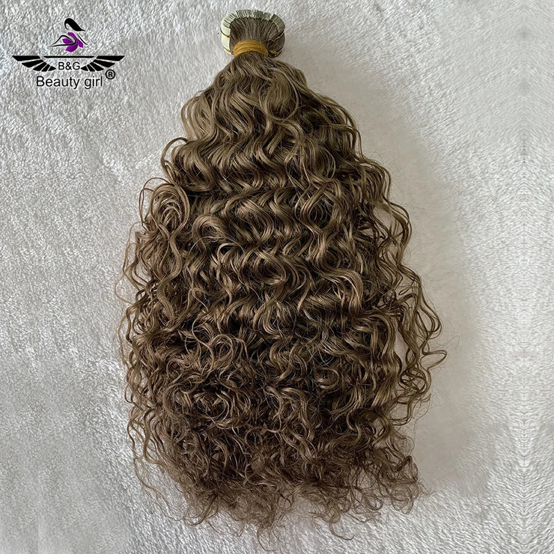 100% Unprocessed Raw Virgin  Indian Human Hair 150grams Dark Brown Double Draw Curly Pu Tape Hair Extensions