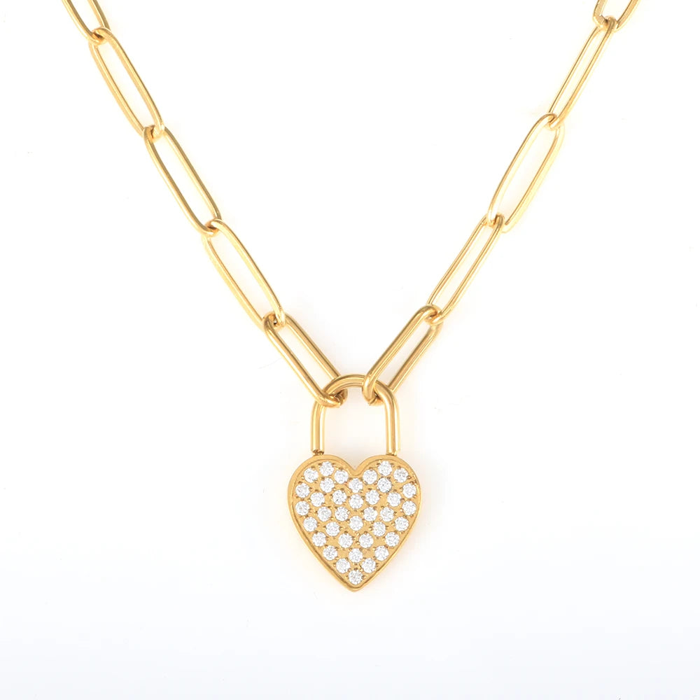 Trendy 18K Gold Plated CNC Setting CZ Stone Padlock Necklace Custom 316L Stainless Steel Zircon Heart Lock Necklace for Women