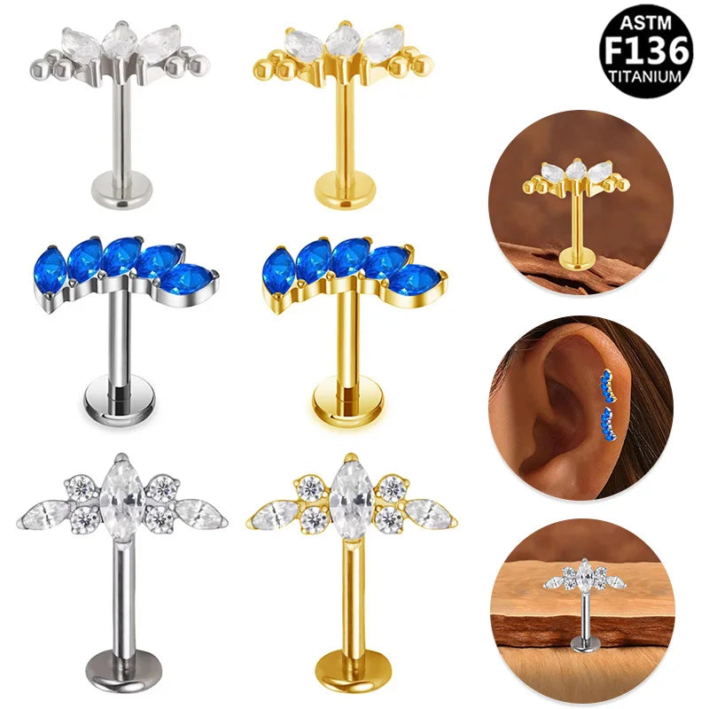Gaby Wholesale ASTM F136 Titanium  Blue Lip Shiny Helix Piercing Flat Back Labret G23 Internal Thread Body Piercing Jewelry