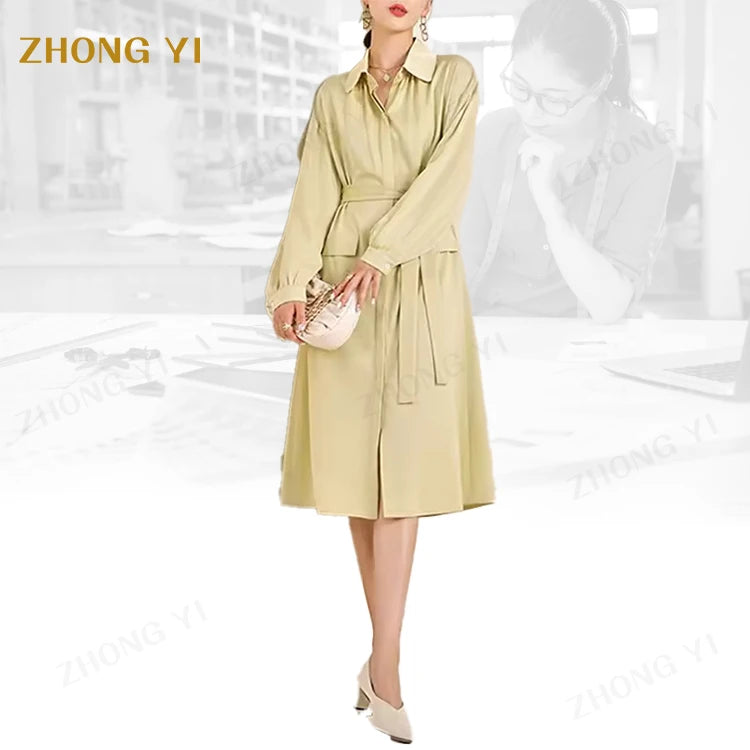 Custom Polyester Solid Color Shirt Dress Long Sleeve Belt Button Design Autumn Gentle Lady Lapel Office Women Midi Casual Dress