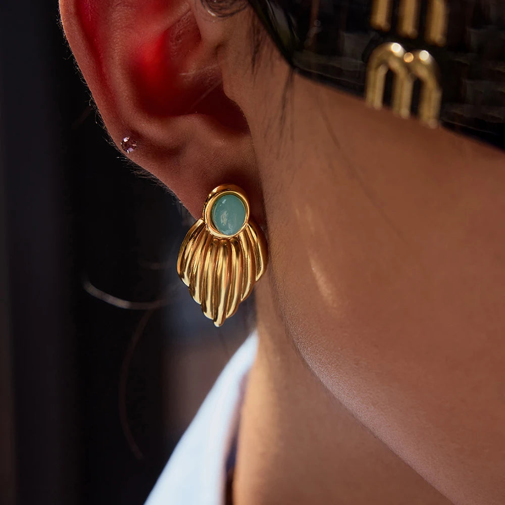 J&D Unique Design Gold Plated Earings Jewelry Women Stainless Steel Lue Stone Glossy Leaf Earrings