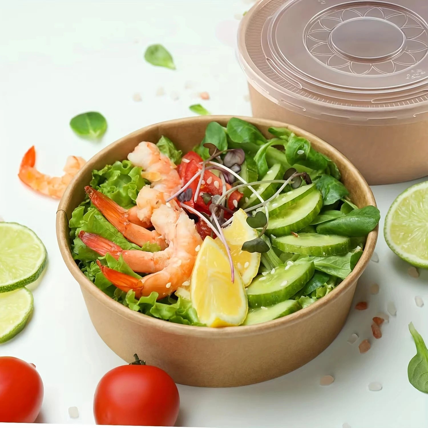 Biodegradable Custom Printed Disposable Kraft Paper Salad Bowl Compostable Paper Cups Takeaway Paper Soup Bowl With Lids