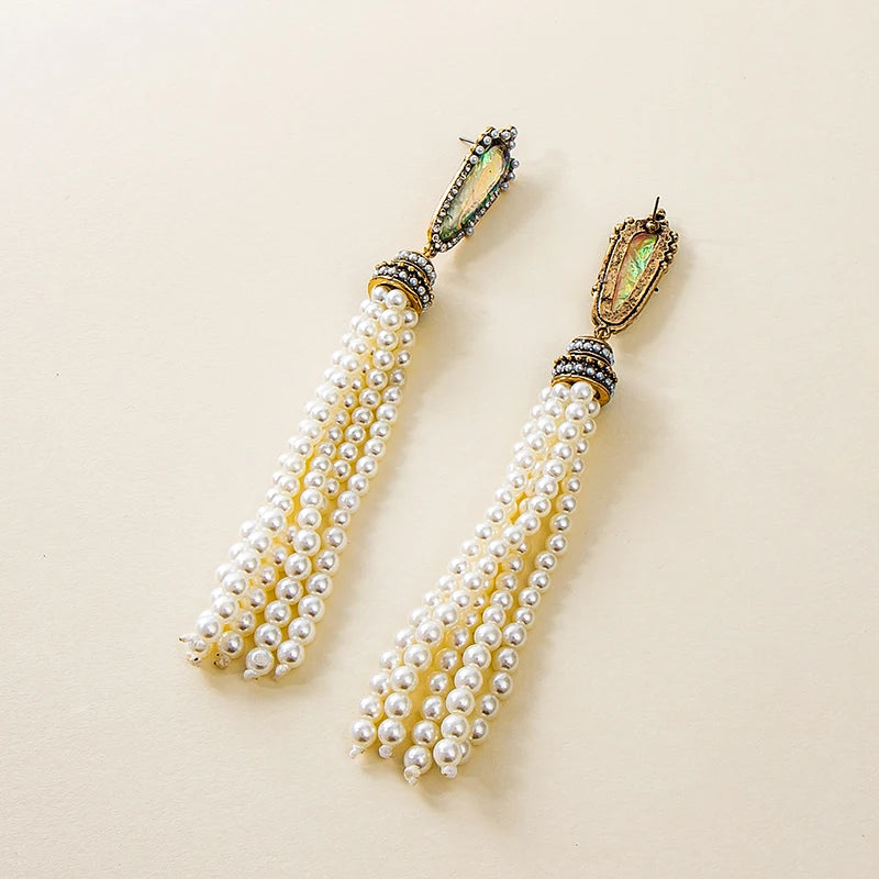 Vintage Jewelry Baroque Rhinestone Stud Earrings Women Long Pearl Tassel Dangle Earrings for Party