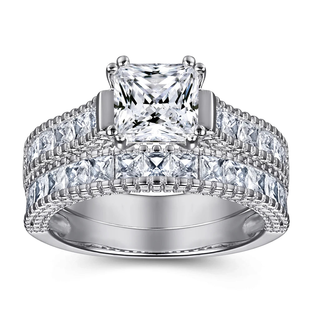 Fine Jewelry Custom 925 Sterling Silver Jewelry Princess Cut Rhodium Plated Nickel Free AAA Zircon Ring Set Wholesale