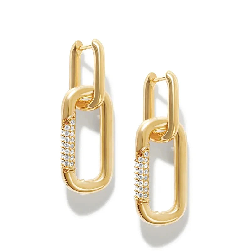 ROXI Double Ring Lock huggies Earrings Shiny Full Zircon Diamond 18k Gold Plated Drop Earrings