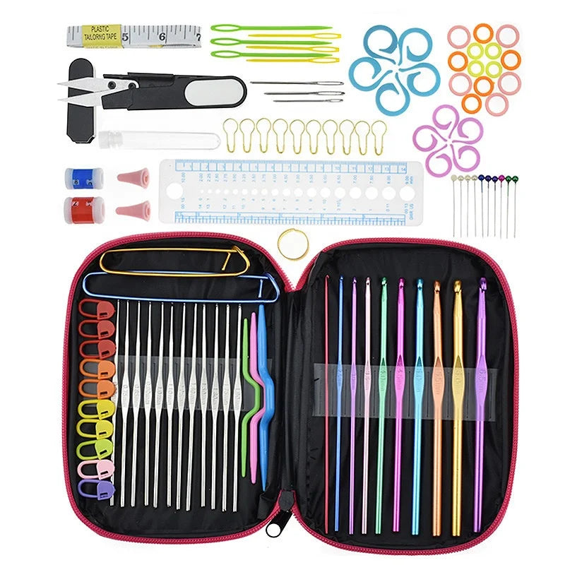 SHELIKE 100pcs DIY Aluminum Crochet Kit With Yarn Knitting Needles Sewing Kit Tools Crochet Hook Set