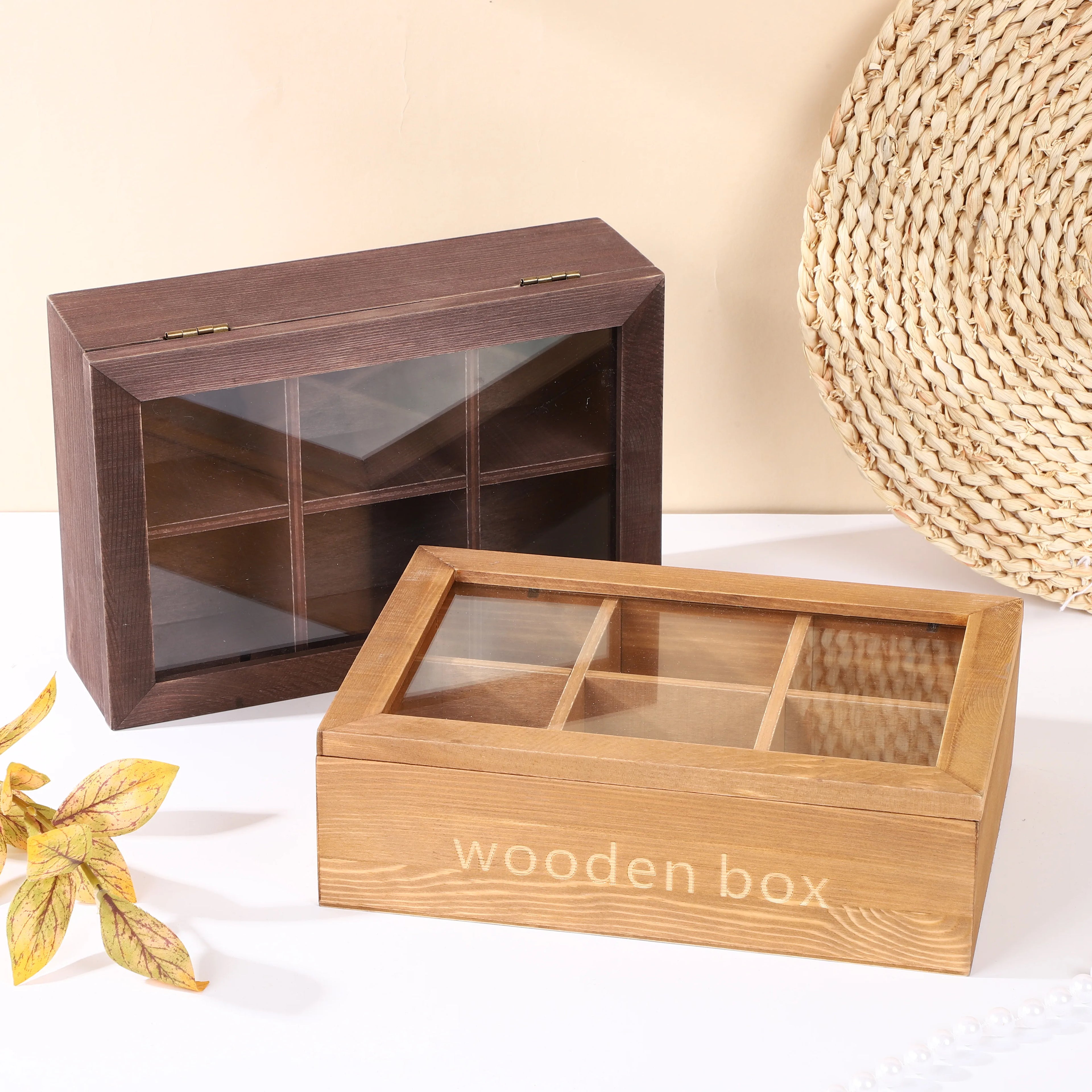 Hot Sale Rustic 8 Compartment Tea Bag Storage Tea Organizer Natural Wood Home Kitchen Decor Unfinished Bamboo Tea Box