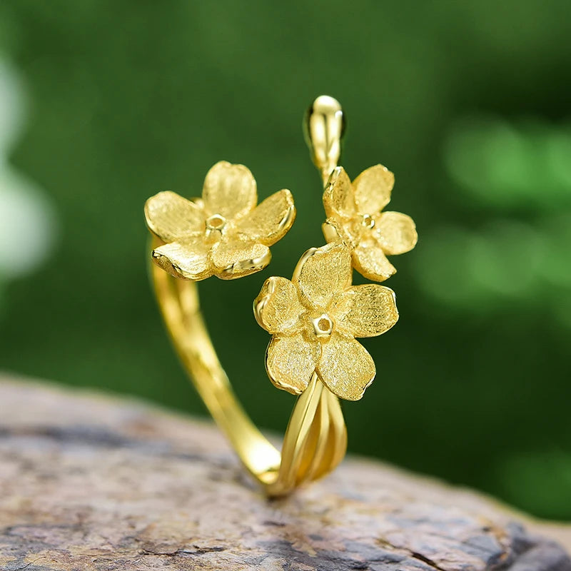 OEM Good Price Pure 9 14 18K Gold Plated S925 Sterling Silver Jewelry Handmade Flower Adjustable Rings for Women Luxury Wedding