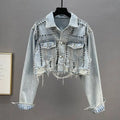Popular Fashion Casual Autumn Denim Coat Long Sleeve Short Tops Medium Blue Embellished Studded Button Women Jacket