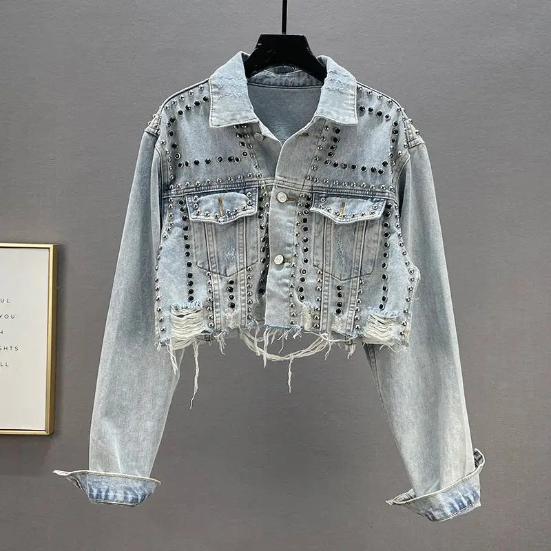 Popular Fashion Casual Autumn Denim Coat Long Sleeve Short Tops Medium Blue Embellished Studded Button Women Jacket