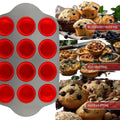 Non-Stick 12 Cup Silicone Muffin Pan With Steel Frame - BPA Free Non-Toxic Anti-Warp Durable & Easy to Pop Silicone Muffin Ti
