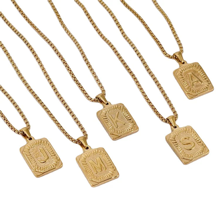 G80 Square Pendant Chain Stainless Steel A-Z Alphabet Letter Initial Necklace