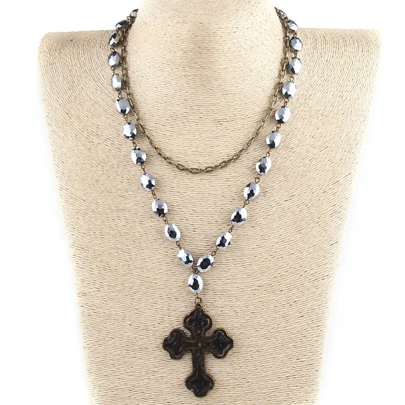 Beautiful Vintage Jewelry 2 Layer Metal Chain Oval Crystal Glass Necklace Alloy Cross Charm Necklace