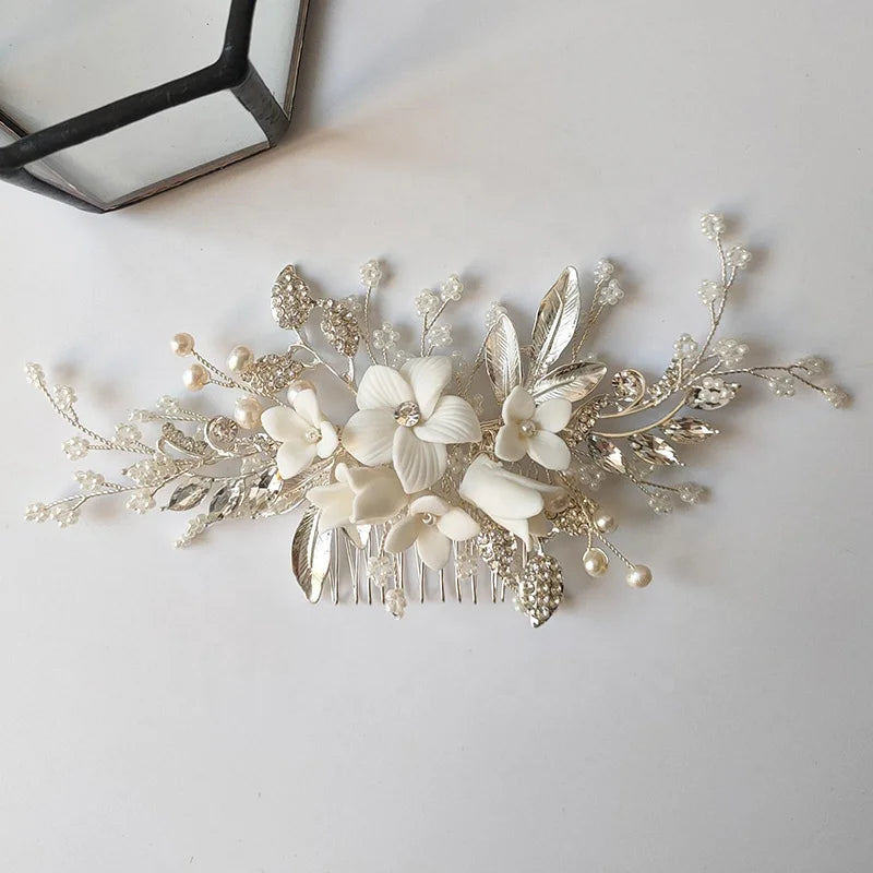 Elegant Ceramic Flower Leaves Freshwater Pearl Hair Comb Accessories Women Bridal Bridesmaid Gift for Wedding
