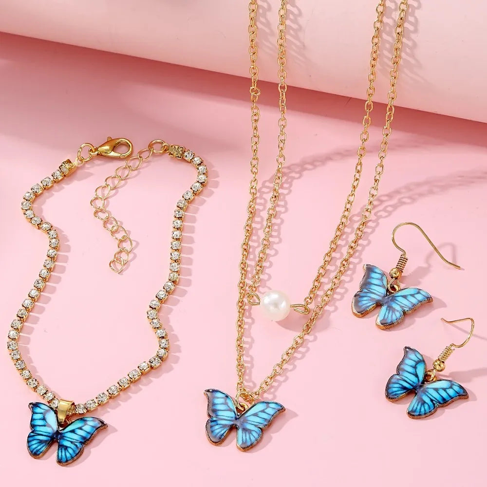 BOHEMIA Gold Chain Butterfly Pendant Necklace Earrings Bracelet Set Exquisite Clavicle Drop Oil Acrylic Jewelry Set Gift