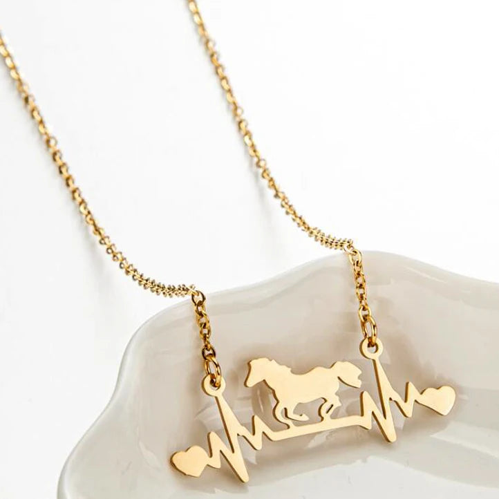Trendy Silver 18k Gold Plated Stainless Steel Women Beating Heart Horse Heartbeat Pendant Necklace Jewelry