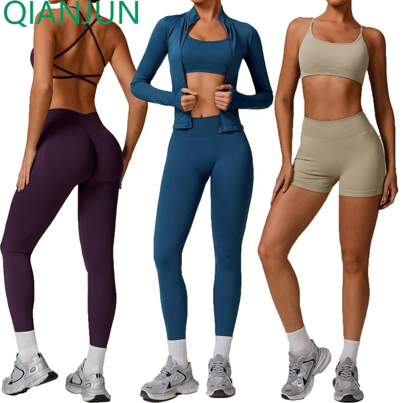 Custom Logo Seamless Yoga Sets Workout Full Zip up Yoga Gym Fitness Shorts Sleeve Workout Sets for Women