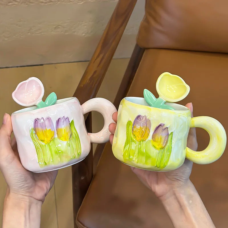 Personalized Logo Sublimate Nordic Italian Sublimation Tulip 450Ml Coffee Mug Ceramic Cute Espresso Cup and Spoon