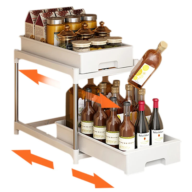 2-Tier Plastic Pull-Out Sliding Basket Foldable Sink Rack Organizer Standing Storage Holders for Kitchen Sink Cabinet Drawer