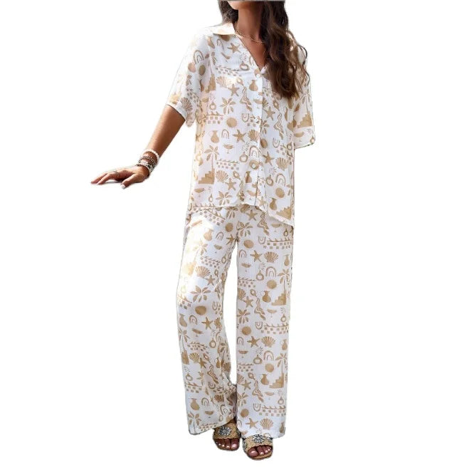 Women's Fashion Sets Printing Short Sleeve Loose Two Piece Shirt and Pants Set