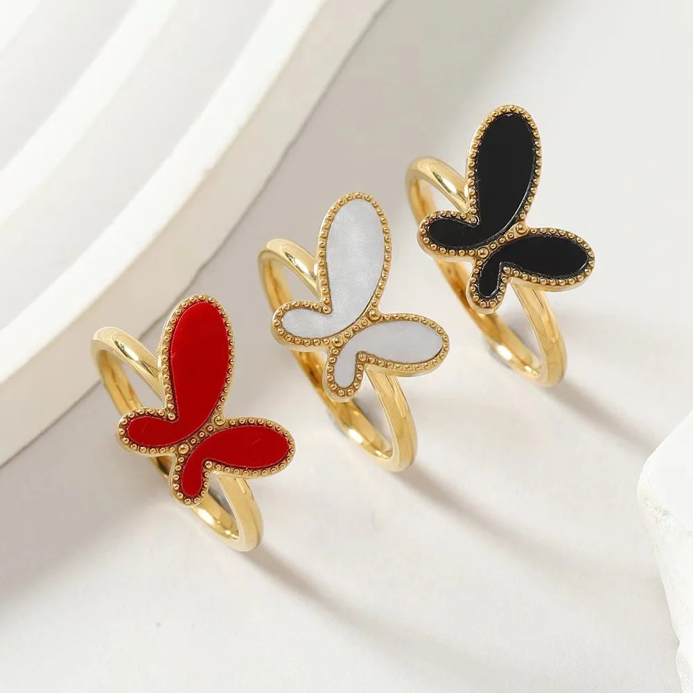 New Fashion Stainless Steel Gold Oil Dripping Butterfly Open Ring Jewelry Women Titanium Steel Rings Jewelry Accessories