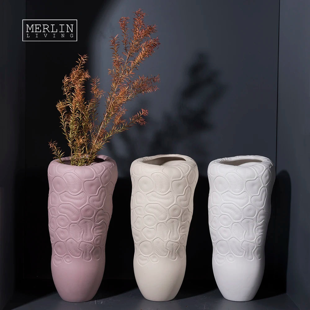 Merlin Living Unglazed Ceramic Leaf Textured Floor Vase Modern Design Wide Mouth Big Flower Vase for House Decor