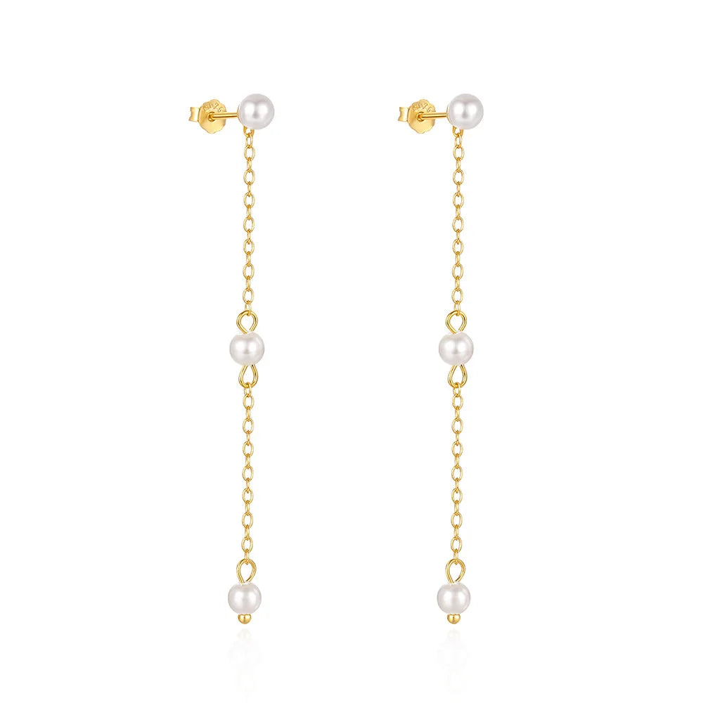 925 Sterling Silver Three Pearl Long Tassel Chain Gold Plated Stud Earring for Women Dropshipping Products 2023