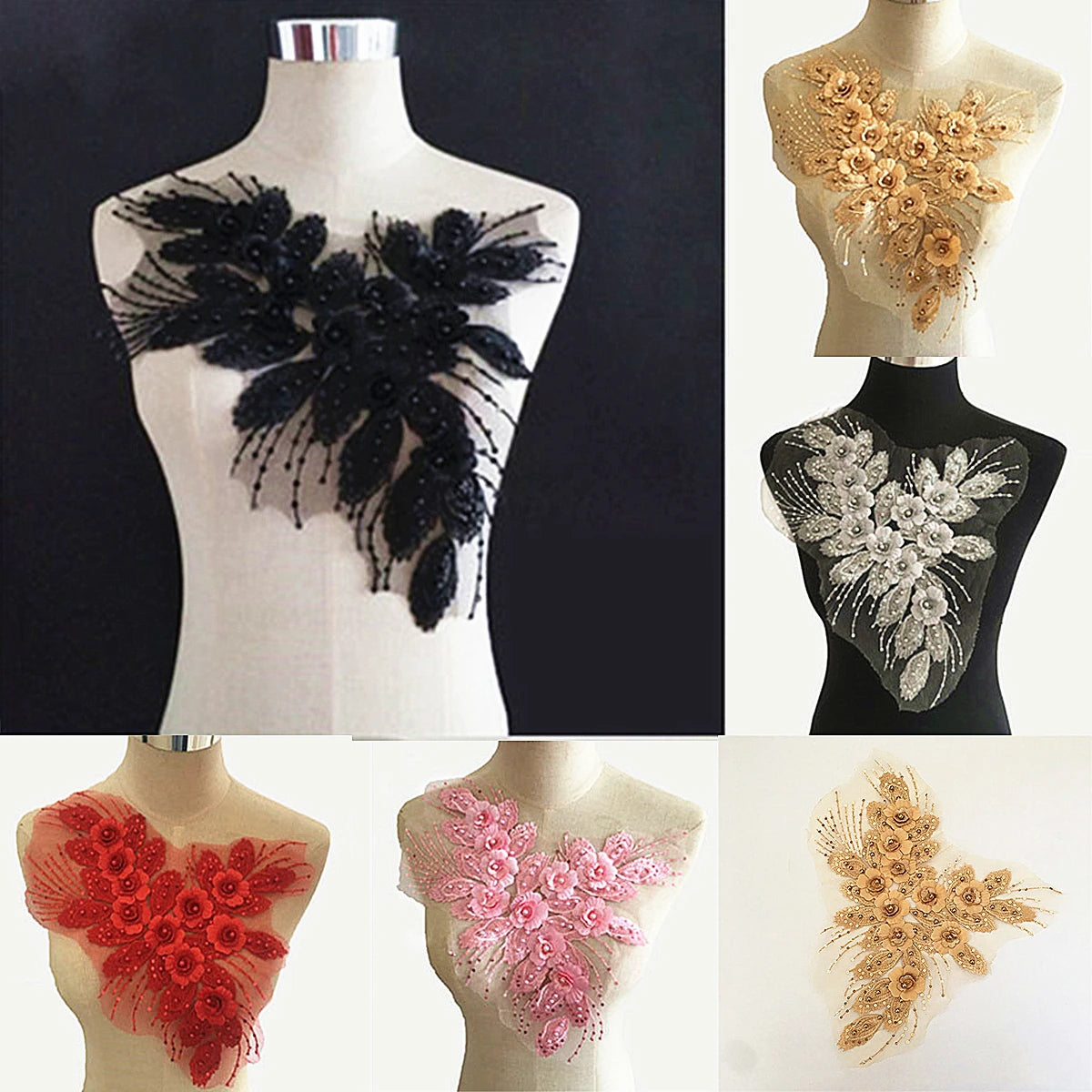 Rhinestone Flowers Sequin Embroidered Lace Collar Trim Applique DIY Clothes Dress Sew Patch