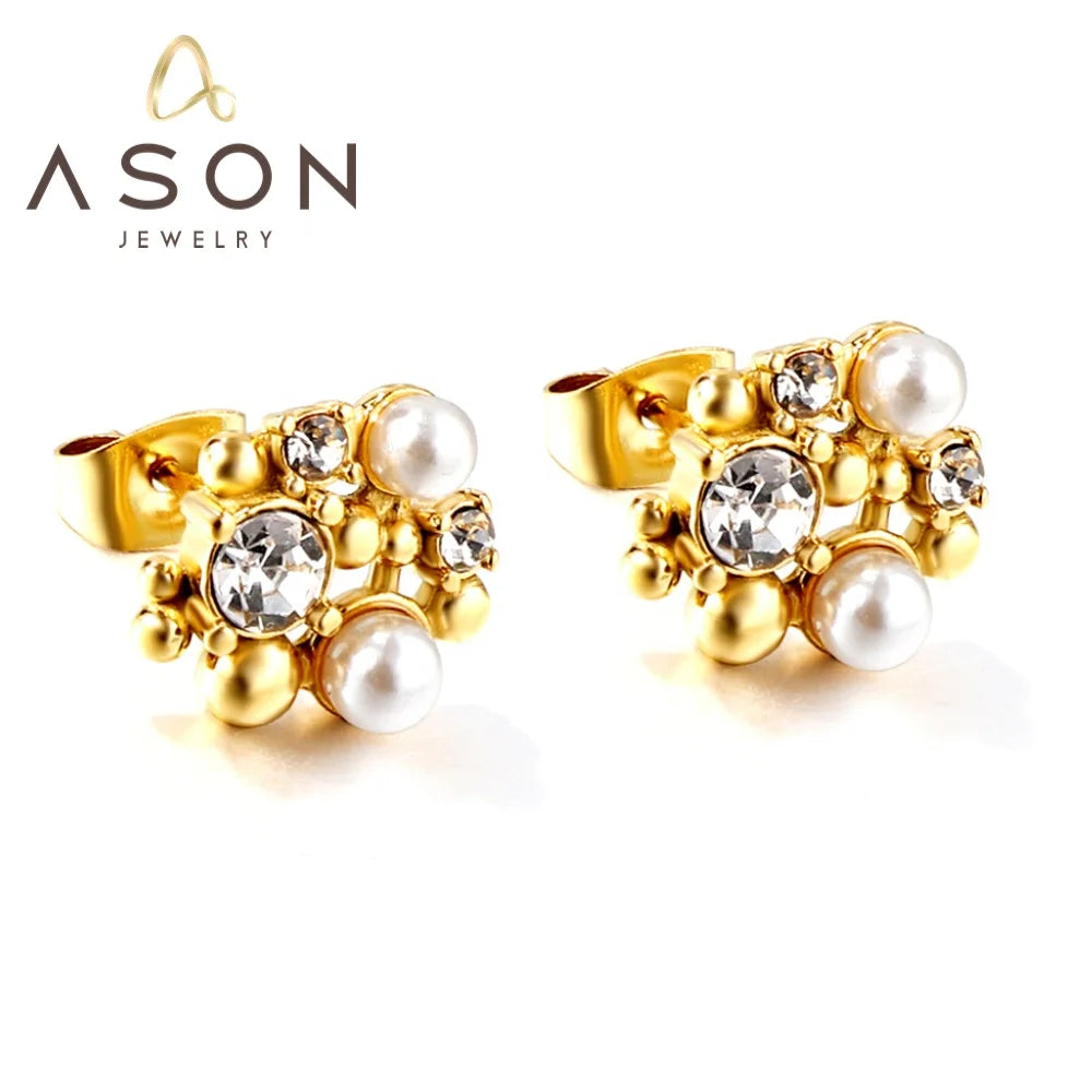 Ason 2023 Fashion Simple Special-shaped Zircon Pearl Flower Stud Earrings Stainless Steel 18K Gold-plated Personalized Earrings