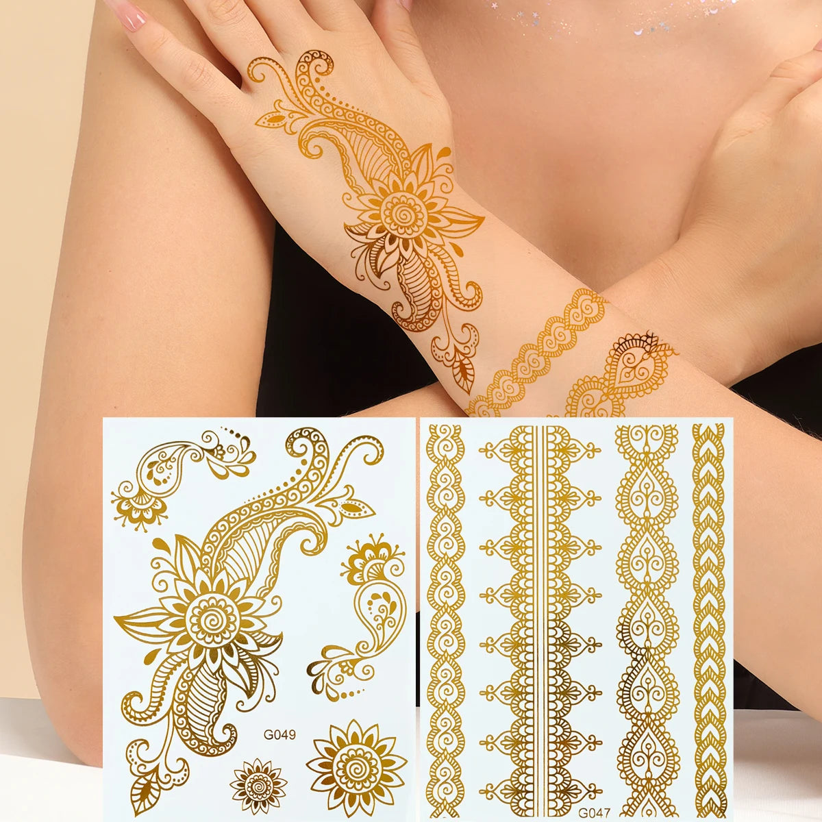 Custom OEM Trend Wholesale Hot Stamping Tattoo Stickers Hand Wist Metal Bracelets Temporary Henna Tattoo Stickers for Women