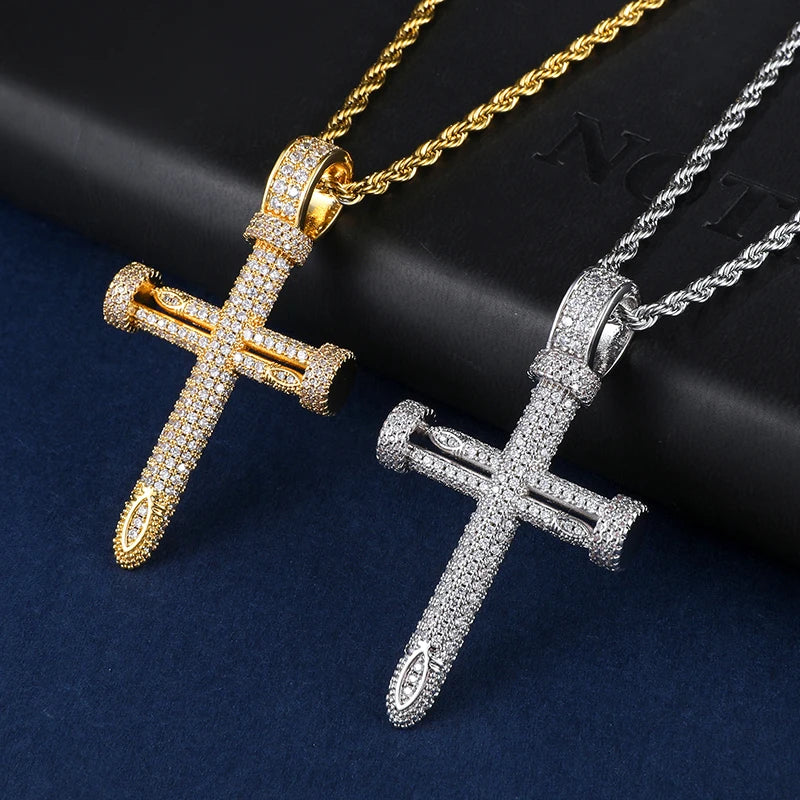 Diamond Cross Pendant Necklace for Men Women Daily Gift Zircon Prong Brass Pendant Hip-hop Jewelry
