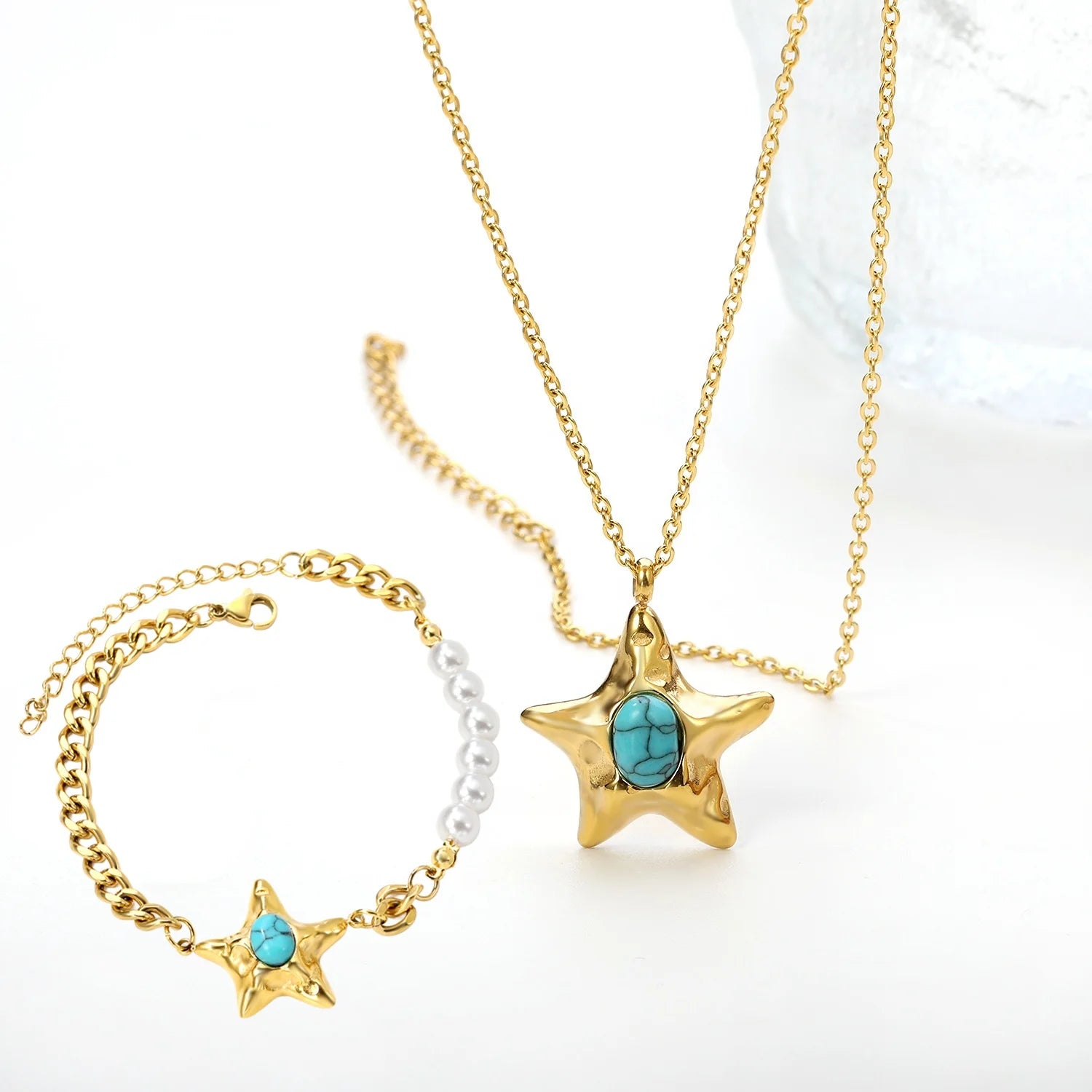 Waterproof Stainless Steel Jewelry Sets Starfish with Oval Blue Turquoise Pendant Necklace Pearl Bracelet Set for 2024Women Gift
