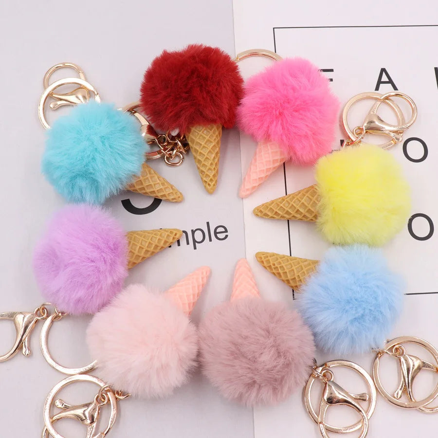 Cute Cone Ice Cream Pompom Keychain Creative Plush Keyring Pompom Toy Key Chain Bag Car Cream Key Chains Pendant