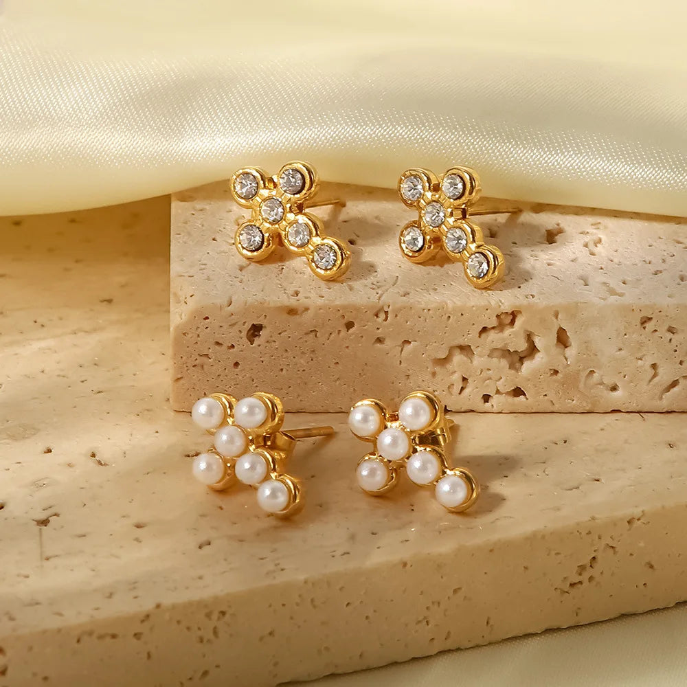 Lateefah Women Earrings Jewelry Stainless Steel Embed Diamond or Pearl Cross Stud Earrings