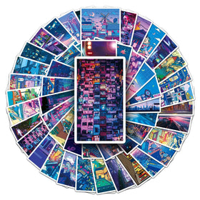 50PCS Japanese cityscape mini poster street scenery beautiful anime night scene sticker