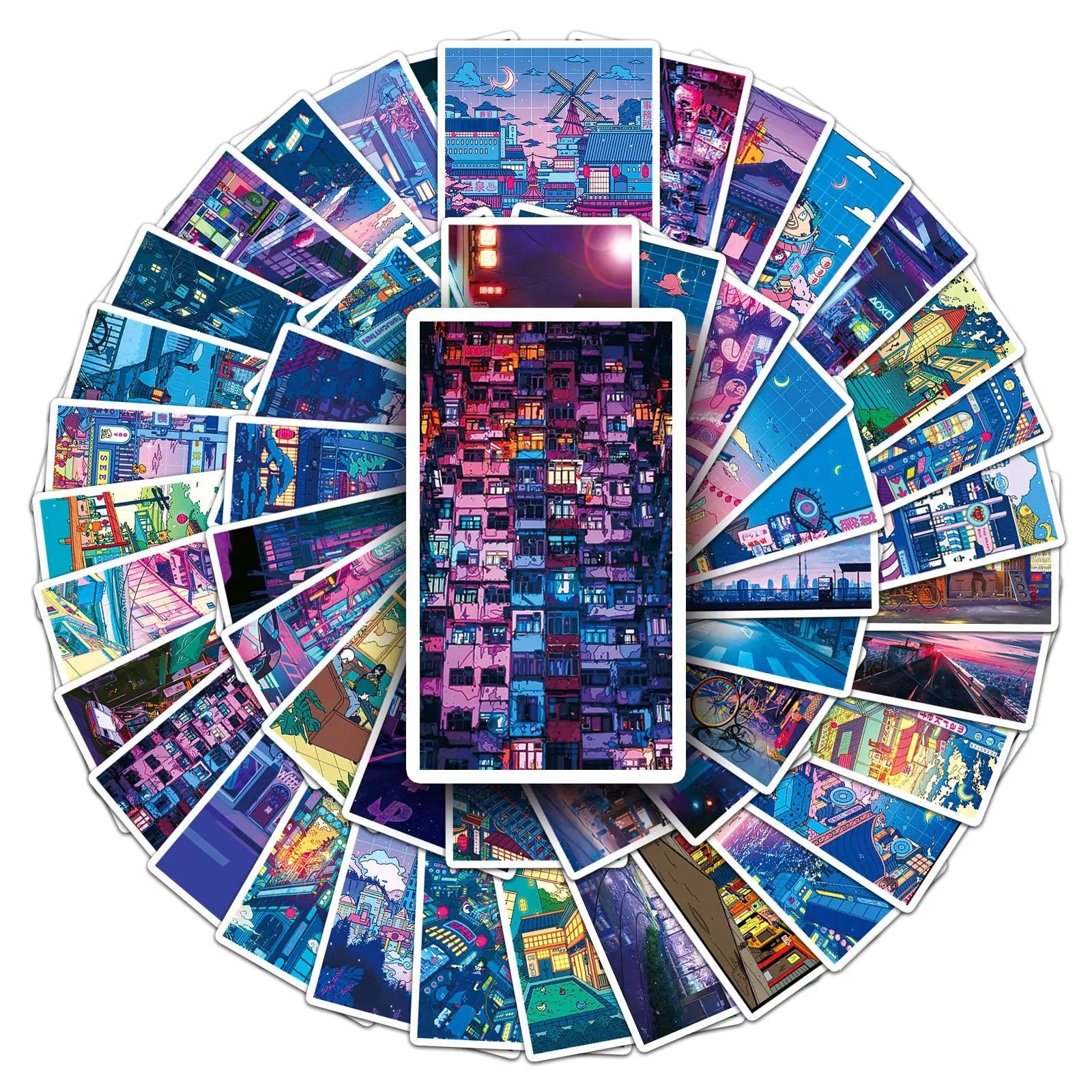 50PCS Japanese cityscape mini poster street scenery beautiful anime night scene sticker