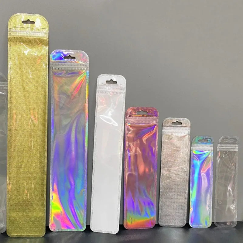 Stock Zip-lock Bag for Nail File Wholesale Long Plastic Zipper Bag Gift Round Corner Rainbow Aluminum Bag